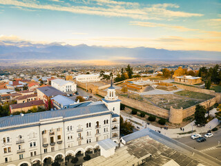 Wall Mural - Telavi, Georgia - 6th novermber, 2022: Aerial drone panorama of Telavi old town buildings. Telavi is the main city of Kakheti province in Georgia