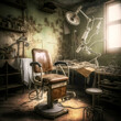 dusty hospital room with chair in a old forgotten clinic, inside a abandoned building, lost places interior, fictional interior created with generative ai