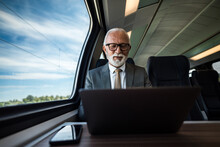 Smiling businessman working on laptop while traveling on the passenger train.