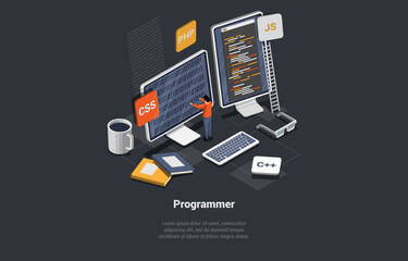 Wall Mural - concept of it sector and freelance working. male character developer coding new startup, project or 