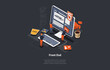Conceptual Template with Developer, Programmer or Coder Working On Computer. Scene for main Stages of Software Development, Front-End and Back-End Coding. Isometric 3D Cartoon Vector Illustration