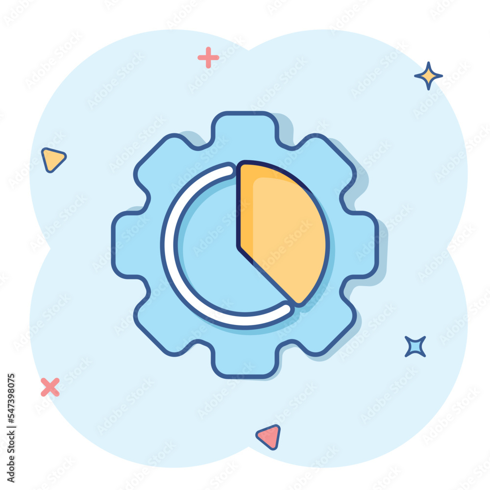 Workflow chart icon in comic style. Gear with diagram cartoon vector illustration on white isolated background. Process organization splash effect business concept.