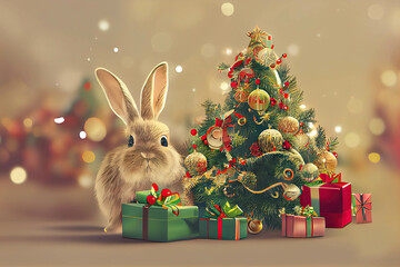 Rabbit near the little decorated Christmas tree with presents, AI generated illustration