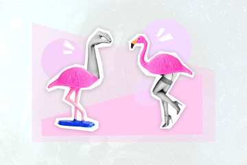 Sticker - Composite collage of two flamingo black white gamma hands instead head girls slim legs high heels isolated on drawing background