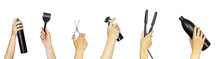 Collage With Female Hands Holding Different Professional Hairdresser's Accessories- With Scissors, Spray, Shampoo, Brush, Curling Iron And Other Hairdresser's Accessories In Hand On White Background.