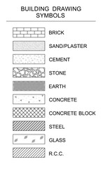 Hatching patterns. Different cross-hatching symbols for different materials in engineering graphics. Building drawing symbols. Conventional hatching that represents different materials