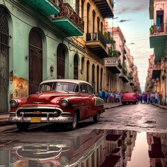 Naklejka na meble AI generated image of a classic American car parked in a colorful street in Havana, Cuba