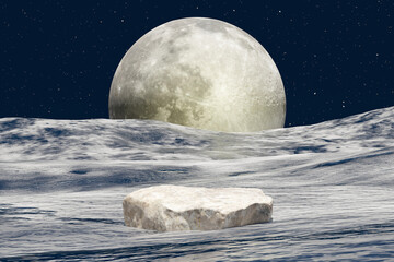3d render platform and stone podium background on ice planet with ice snow covered ground, full moon