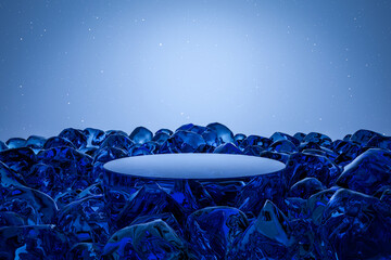 Wall Mural - abstact 3d render scene and natural podium background on glowing blue small crystal with light stars