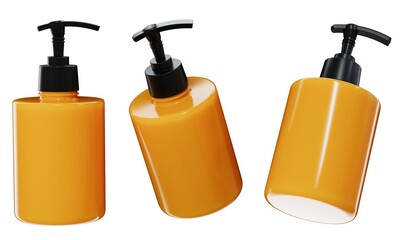 Wall Mural - cosmetic dispenser mockup 3d render, yellow plastic care product bottle template isolated on white b