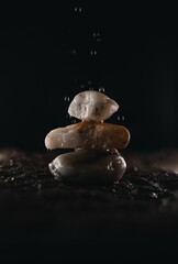 Canvas Print - Vertical shot of water dripping on stacked stones with a dark background