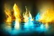 Farbige Strukturen mit Ähnlichkeiten zu Wasser, Feuer und Eis.