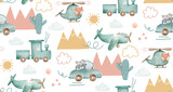 Fototapeta Dziecięca - Watercolor cute toy transport pattern for kids or baby. Blue green helicopter plane car and train background with doodle elements