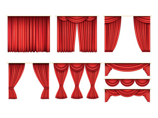 3d red theatre stage set, velvet textile. Fabric for cinema, movie or opera show, open scene, play hall, drapery hanging cloth. Scarlet interior isolated object. Vector realistic illustration