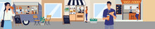 Small Business. Snacks Retail City Marketplace. Outdoor Shops. Vendors Behind Counters Sell Pastry And Coffee. Street Food Kiosk. People With Hotdogs And Drinks. Vector Illustration