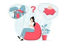 Real Estate Concept With People Scene In Flat Design. Woman Thinks, Makes Decision To Invest Money In Buying Home, Take Mortgage Or Save Finances. Illustration With Character Situation For Web