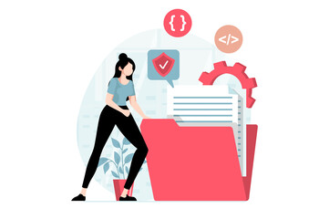 Wall Mural - saas concept with people scene in flat design. woman buys software as a service and uses cloud techn