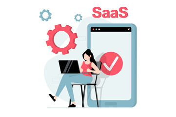 SaaS concept with people scene in flat design. Woman working with files exchange, buying software subscription, using secure access from devices. Illustration with character situation for web