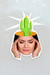 © deagreez - Vertical collage picture of unsatisfied girl hands fingers touch temples ache painted cactus inside head