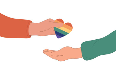 Wall Mural - Human hands hand over rainbow heart of transgender and lgbt people during pride month or day celebration or parade.Flat vector illustration