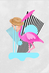 Poster - Vertical banner collage of girl head flamingo cry wear hat isolated on drawing grey color background