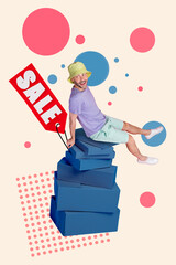 Sticker - Vertical creative collage photo of funny satisfied guy sit on boxes buy new clothes black friday isolated on pink color background