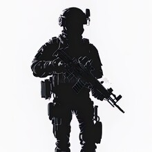 Male Soldier Standing Up And In Full Equipment And Armament, Fully Automatic Machine Gun In Hand Such As The Special Forces, Marines Army. Isolated Realistic Silhouette