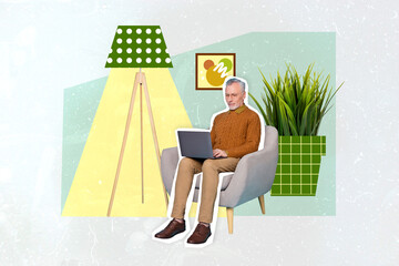 Sticker - Composite collage picture of aged person sit chair use wireless netbook isolated on creative painted home room background