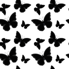 Seamless Pattern, Black Butterflies With White Dots On A White Background. Print, Background, Textile, Vector