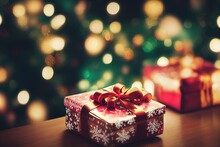 Christmas Gift Box, Christmas Tree Bokeh Background