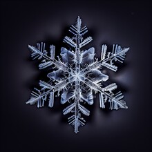 Snowflake On Black Background Macro Closeup. Generative AI Illustration