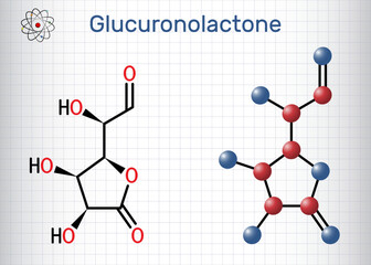 Sticker - Glucuronolactone molecule. It is naturally occurring substance, used in energy drinks. Structural chemical formula and molecule model. Sheet of paper in a cage