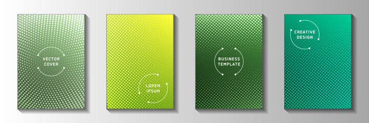 Flat circle screen tone gradation cover page templates vector batch. Industrial flyer faded screen