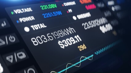 Energy meter with digital screen showing electricity consumption, high bill. High energy consumption costs