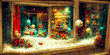 The brightly lit Christmas toy store front or window is colorful and features a vintage-inspired design. It would be a perfect background for someone looking for a festive tone.