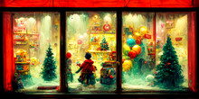 The Store Window Is Decorated With Lights And Other Symbols Of Christmas. The Retro And Vintage Style Is Very Strong And The Color Is Ideal For A Background That Attracts The Eye.