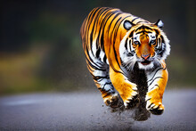 A Magnificent Tiger Strides Confidently Down A Road In Asia, Its Movements Full Of Power And Tenderness. 3D Illustration.
