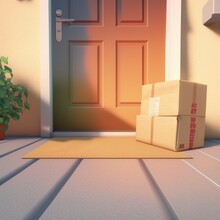 Online Purchase Delivery Service Concept. Cardboard Parcel Box Delivered Outside The Door. Parcel On The Door Mat Near Entrance Door. 3d Rendering