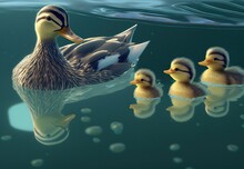 3D Render Of An Adorable Cartoon Duck With Its Ducklings Swimming On A Pond