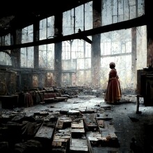 A Woman In An Old Fashioned Dress Standing In A Creepy Abandoned Warehouse. Factory, Girl, Debris. (Digital Illustration, Fantasy Sci-Fi Background, Holiday Greeting Card, Invitation, Postcard.)