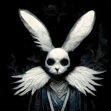 Creepy Rabbit Angel Of Death. Spooky Bunny, Horror, Wings, Feathers, Black Eyes, Ominous, Scary, Halloween, Mask. [Digital Art, Illustration, Animal Character Portrait, Sci-Fi, Fantasy, Background]