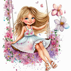 An adorable, beautiful cute princess, sitting on a swing, smiling, flowers, watercolor, portrait, pink, doll like, AI concept generated finalized in Photoshop by me