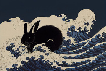 Black rabbit in the great ocean wave, Japanese Hokusai style, AI generated image