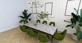 Fototapeta  - Klasyczna jadalnia z zielonymi krzesłami. Sztukaterie na ścianach i dużo kwiatów doniczkowych. Render 3D
