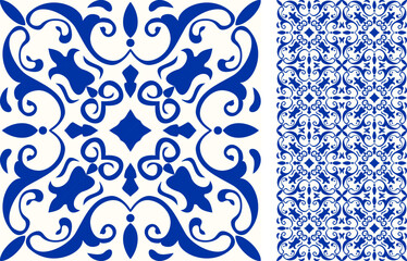 Wall Mural - Seamless Azulejo tile. Portuguese and Spain decor. Ceramic tile. Seamless Floral pattern. Vector hand drawn illustration, typical portuguese and spanish tile