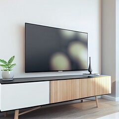 TV wide screen on the TV stand in modern living room with white wall. Side view. 3d illustration