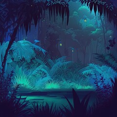 Sticker - Tropical Jungle at Night Anime Background Illustration Landscape