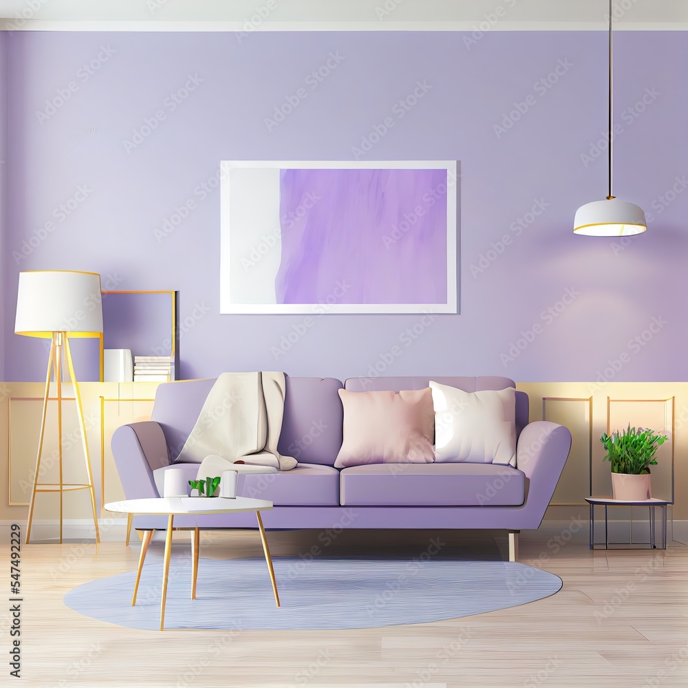 Living room design interior in very peri trend color 2022. Lavender ...