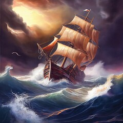 Wall Mural - sailing ship in the ocean on a storm, seascape with a sailboat, printable oil painting