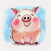 Illustrated Design Of A Cute Small Pink Pig On A Blue Surface